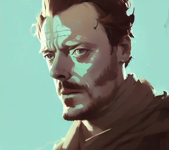 Image similar to portrait of portrait, toby stephens as a king, by atey ghailan, by greg rutkowski, by greg tocchini, by james gilleard, by joe fenton, by kaethe butcher, by ashley wood, dynamic lighting, gradient light blue, brown, blonde cream and white color scheme, grunge aesthetic