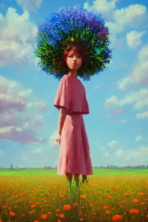 Prompt: closeup, giant flower head, girl standing in a field of flowers, surreal photography, sunrise, blue sky, dramatic light, impressionist painting, digital painting, artstation, simon stalenhag