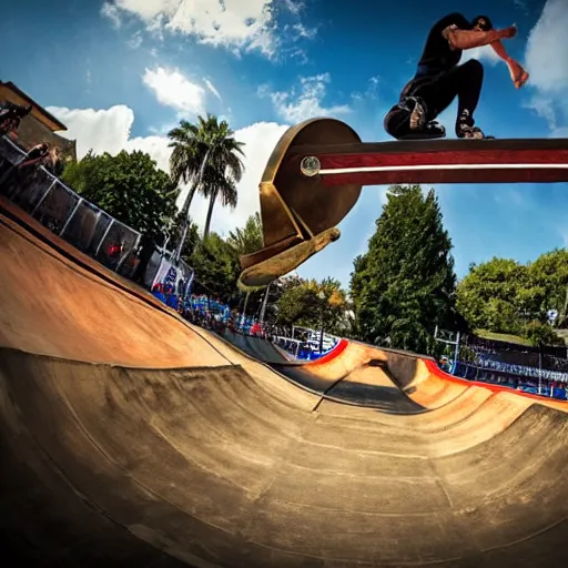 Prompt: roman horse-drawn chariot high jumping in a skate park half-pipe, video game cover, intense, high detail, crowd cheering, wide lense, style of Tony Hawk