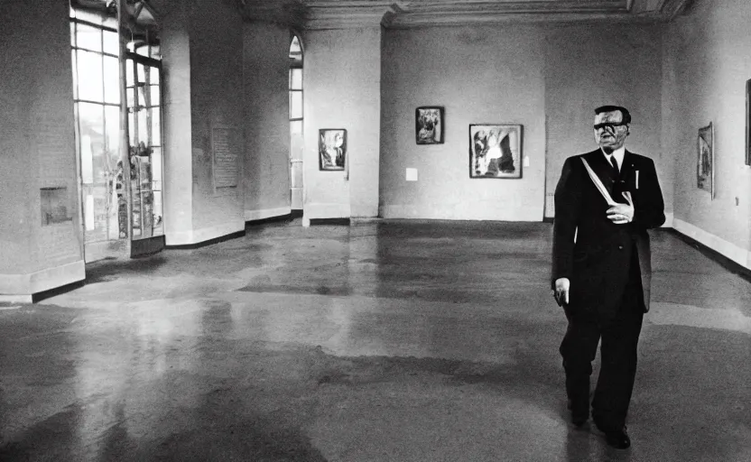 Prompt: 60s movie still of Josip Broz Tito in a museum hall , Cinestill 800t 18mm black and white, heavy grainy picture, very detailed, high quality, 4k panoramic, HD criterion, dramatic lightning, rain, mud, foggy