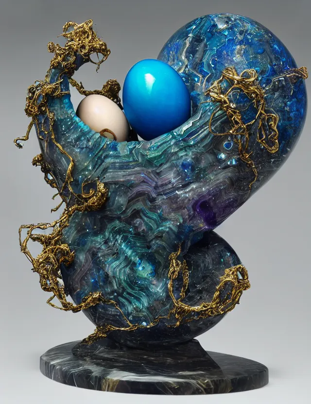 Image similar to a photo of a sculpture of a winged child made from blue and emerald and amethyst crystal geode formations with a marble egg with obsidian base with liquid gold tendrils flowing by ellen jewett by stanisław szukalski, octane render, byzantine, spirals, tendrils, elestial crystals, geode,