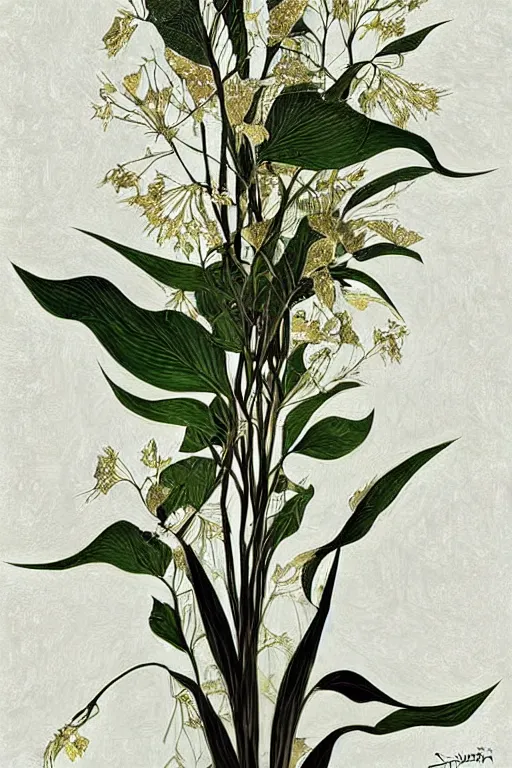 Image similar to herbarium, highly detailed, ( ( fantasy plants ) ), cool white, thin gold details, black background, centered composition, intricate digital painting by denis sarazhin, victo ngai, post processing, color grading