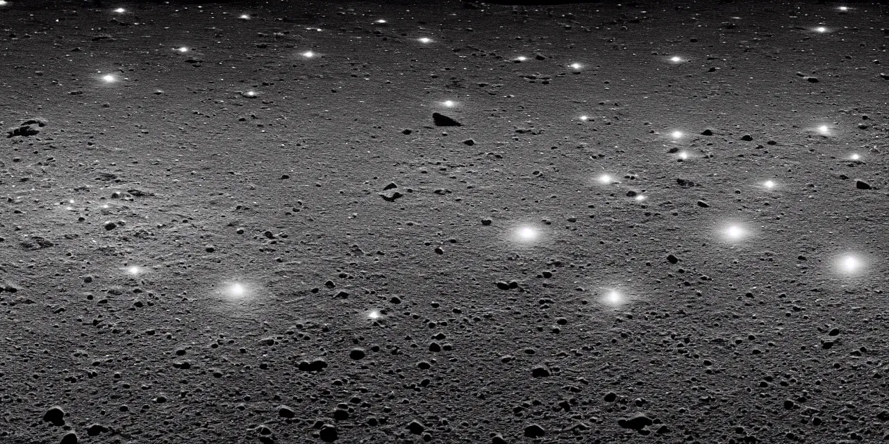 Image similar to closeup black and white photo from the surface of the moon, cinematic film still, glowing landing lights on spaceship, stars and space in the background,