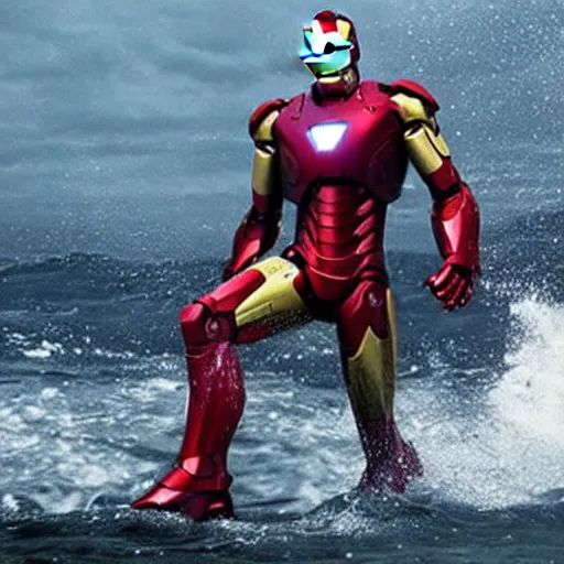 Prompt: still of iron man buried in the sea