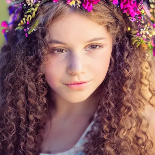 Prompt: a portrait of a young girl with curly long hair and birds on her head, there's flowers everywhere, very beautiful ambient light with sun rays hitting her hair, 8k photography, wedding photography