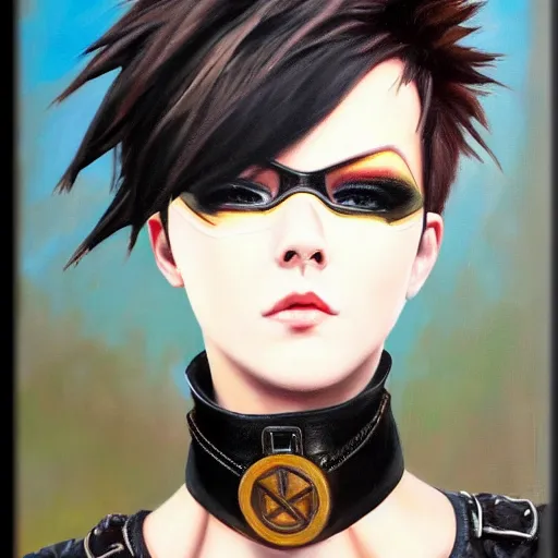 Image similar to oil painting of punk tracer overwatch in a field wearing very large black leather belt choker collar around neck, in style of mark arian, expressive face, very detailed face, very detailed eyes, full body, feminine face, detailed makeup on eyes, tracer overwatch,