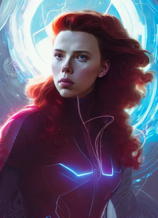 Prompt: character design by james jean, jakub rebelka, tran nguyen, yoann lossel, wadim kashin ( ( ( portrait of scarlett johansson as scarlet witch from avengers endgame ) ) ) emerging from a magic portal, sharp edges. ultra clear detailed. 8 k. ultra detailed, majestic, seductive