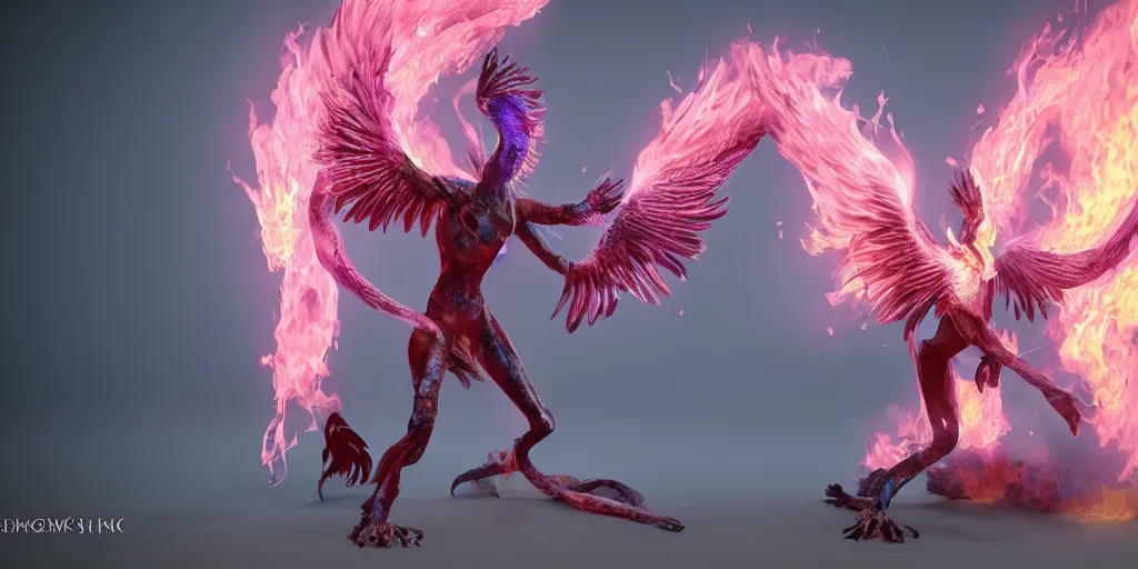 Image similar to pink and blue anthro flaming phoenix, character portrait, unreal engine 5, intricate, detailed, realistic, masterpiece