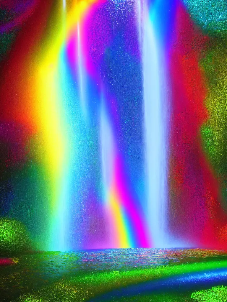 Image similar to oil on canvas waterfall and rainbow, ethereal, beautiful, detailed, amazing, glitter, 8 k render octane high definition