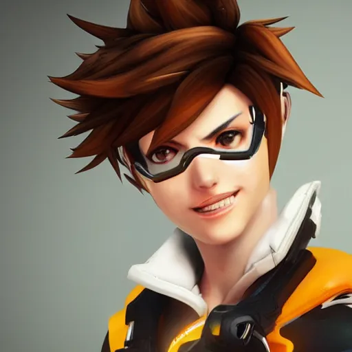 Image similar to portrait of tracer from overwatch, unreal engine 5, trending on art station