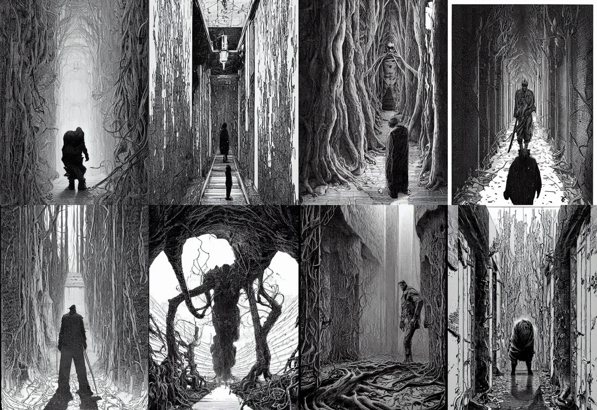 Image similar to a giant man walks in an old wood corridor, 2 meters, black and white illustration, by james jean and wayne barlowe and moebius