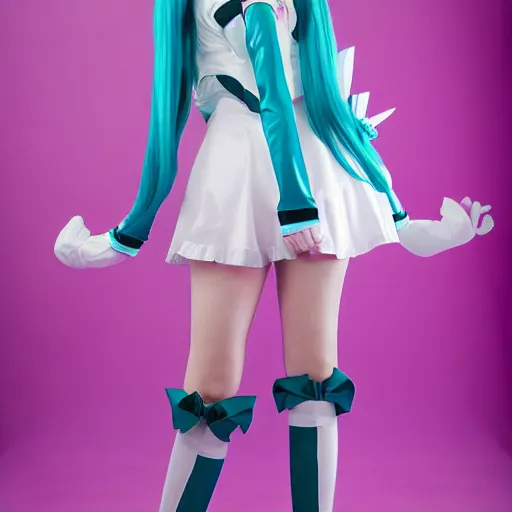 Image similar to Hatsune Miku cosplay, full-length photo, 35 mm