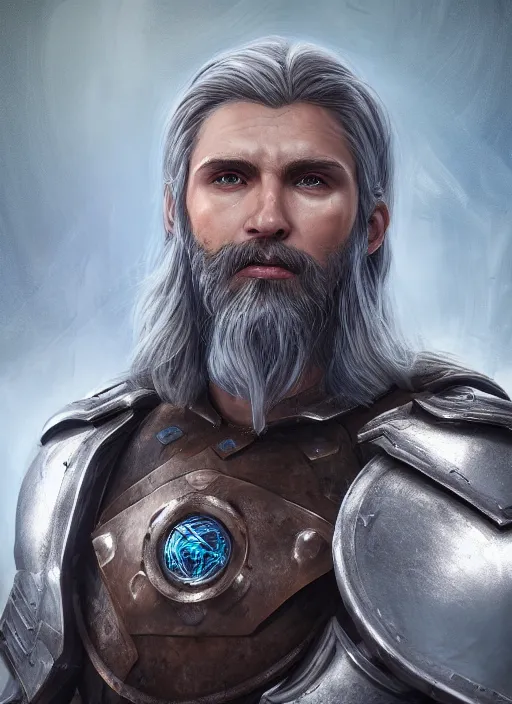 Image similar to an epic fantastic realism comic book style portrait painting of an aasimar paladin, male, silver hair, short brown beard, d & d concept art, unreal 5, daz, teal aesthetic, octane render, cosplay, rpg portrait, dynamic lighting