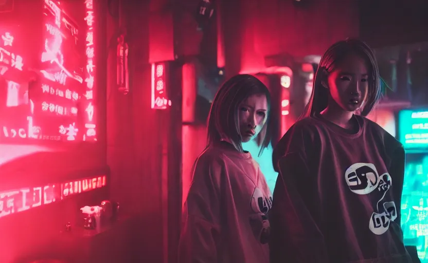 Image similar to cinestill 5 0 d photographic portrait of two female androids wearing streetwear talk at a bar in cyberpunk china, extreme closeup, modern cyberpunk, dust storm, 8 k, hd, high resolution, 3 5 mm, f / 3 2, ultra realistic faces, intricate detail, ex machina