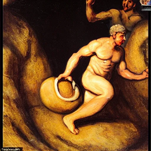 Image similar to a painting of benjamin netanyahu as sisyphus, carrying boulder, by franz stuck