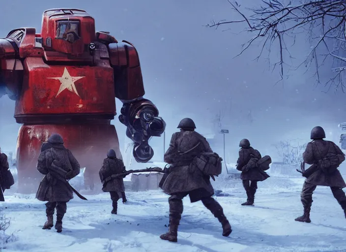 Image similar to still of soviet soldiers fighting against giant nazi monstrous robot in world war two eastern front setting, dieselpunk, winter concept art, artstation, stephen bliss, unreal engine, game screenshot