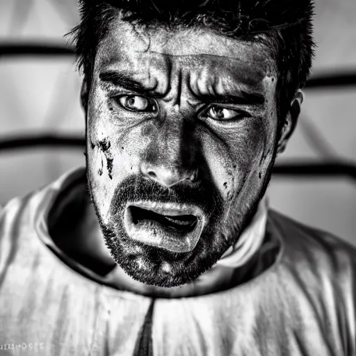 Image similar to Photograph of Angry 25 year old man in ancient Canaanite clothing wakes up in shock. Interior ancient tent. 40mm lens, shallow depth of field, split lighting