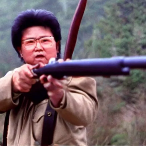 Prompt: a still of Kim Jong-il disguised as John Rambo holding a bow in Rambo First Blood, 35mm film, classic iconic Rambo pose
