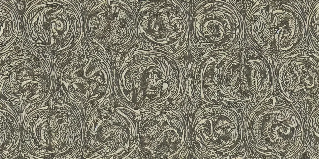 Image similar to scan of old symmetrical patterned wallpaper showing hay creatures and cryptic occult alpine symbols and dolomites, wood engraving