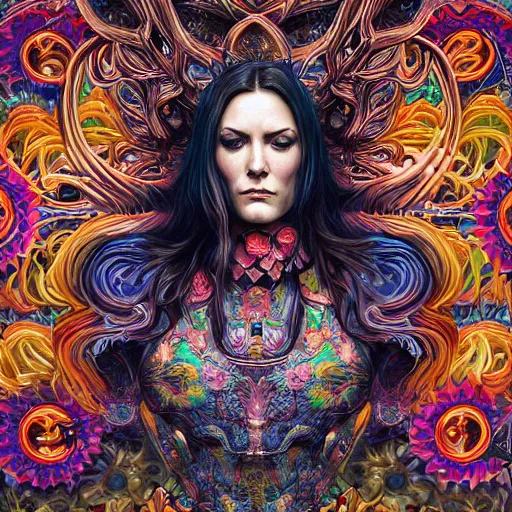 Prompt: portrait of danneel ackles, hyper detailed masterpiece, neon floral pattern, jean giraud, digital art painting, darkwave goth aesthetic, psychedelic, artgerm, donato giancola and tom bagshaw