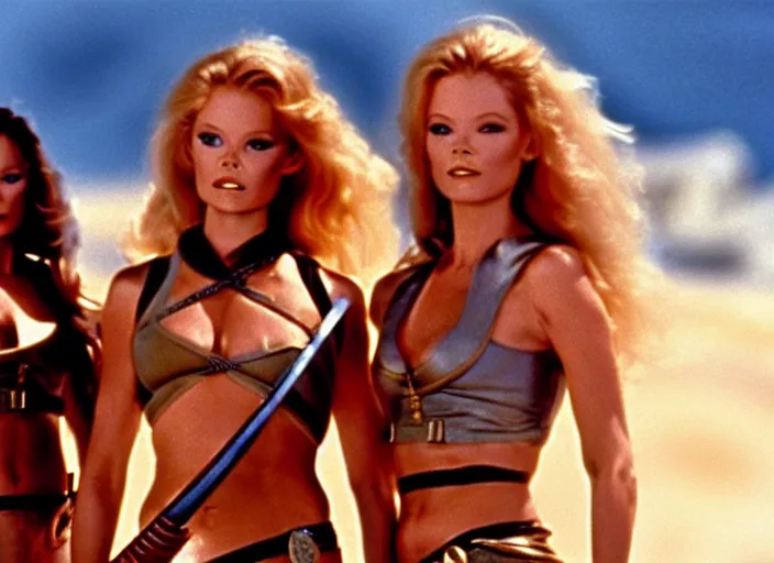 Image similar to film still charlie's angels ( 1 9 7 6 ) as a viking women with weapons, wearing skin - tight space age bikinis, rough seas in background, lightning storms, barbarella, water world, mad max, conan, hyper - realistic, highly detailed, accurate, 8 k octane render, 2 8 mm, wide angle, rule of thirds
