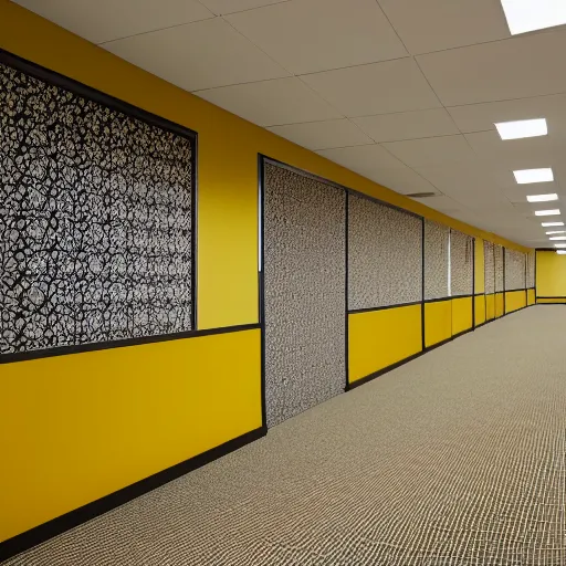 Prompt: space which resembles the back rooms of a retail outlet, spanning approximately 600 million square miles. All rooms throughout Level 0 share the same superficial aspects: mono-yellow wallpaper, old moist carpet, and inconsistently placed fluorescent lighting. Beyond these main features, no two rooms are identical. 4k, HD, photorealistic
