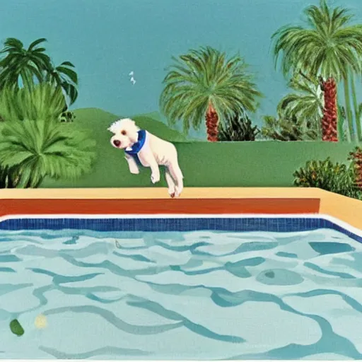 Image similar to medium shot, cream colored havanese dog jumping from a diving board into a pool at a mid century modern house in palm springs, painting by david hockney