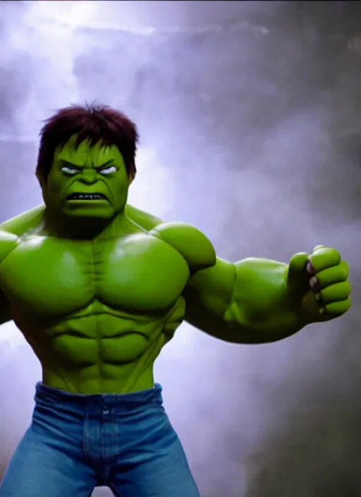 Prompt: the hulk as a muppet in the new action movie 4 k atmospheric volumetric