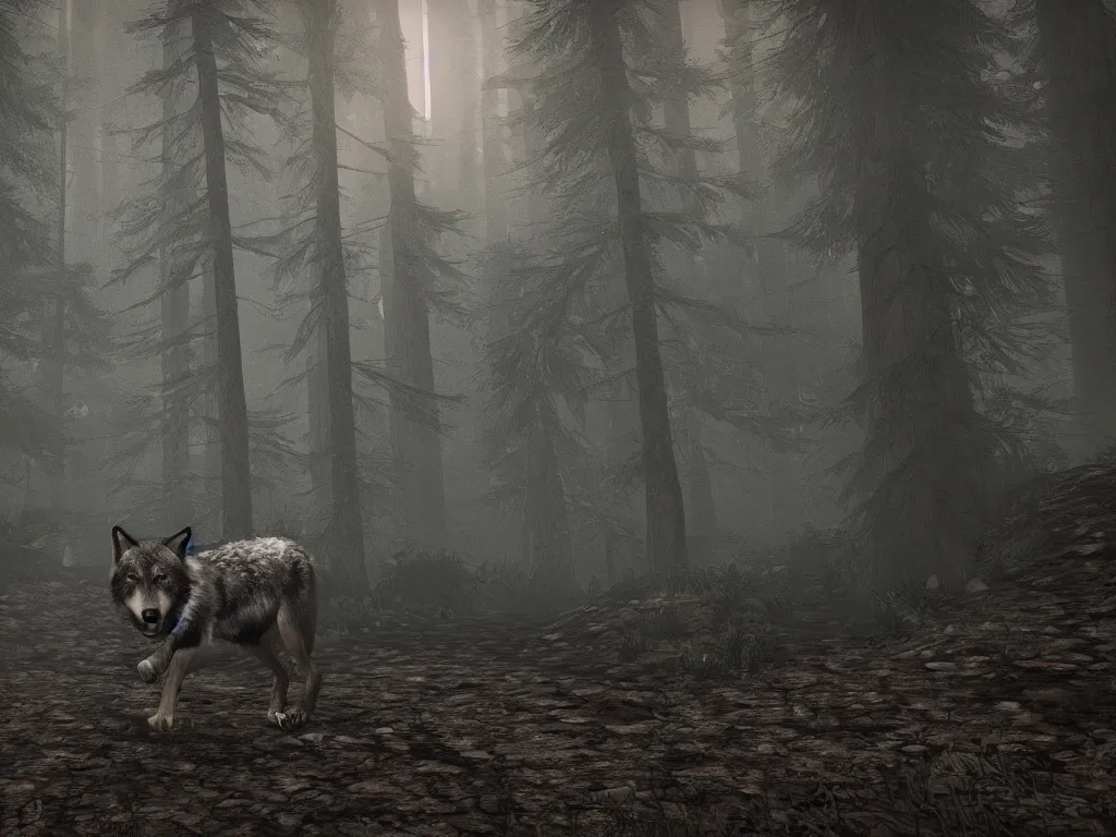 Image similar to a large wolf walking on a dark path through the forest at night under a full moon, 4 k, photorealistic unreal engine 5,