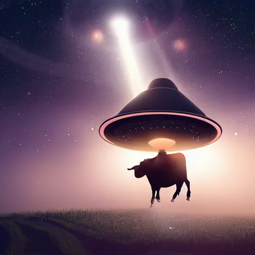 Image similar to an ufo picking up a cow with light beam, highly detailed, digital art, 8k, trending on artstation