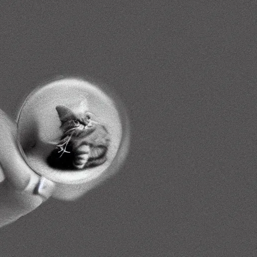 Prompt: very tiny kitten next to an atom, electron microscopy photography