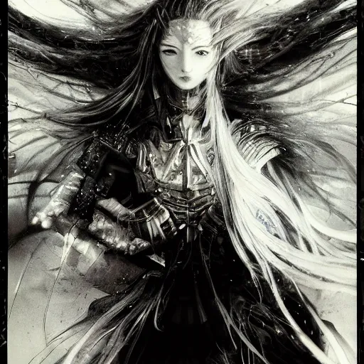 Prompt: yoshitaka amano blurred and dreamy grainy photo of an anime girl with black eyes, wavy white hair and cracks on her face near eyes wearing elden ring armour with the cape fluttering in the wind, abstract black and white patterns on the background, noisy film grain effect, highly detailed, renaissance oil painting, weird portrait angle