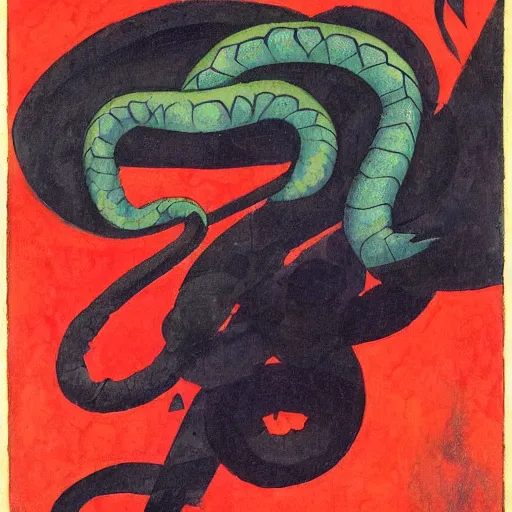 Image similar to voroni diagram sinister, turbulent by martiros saryan, by mike mignola. a beautiful illustration of a snake eating its own tail that seems to go on forever.