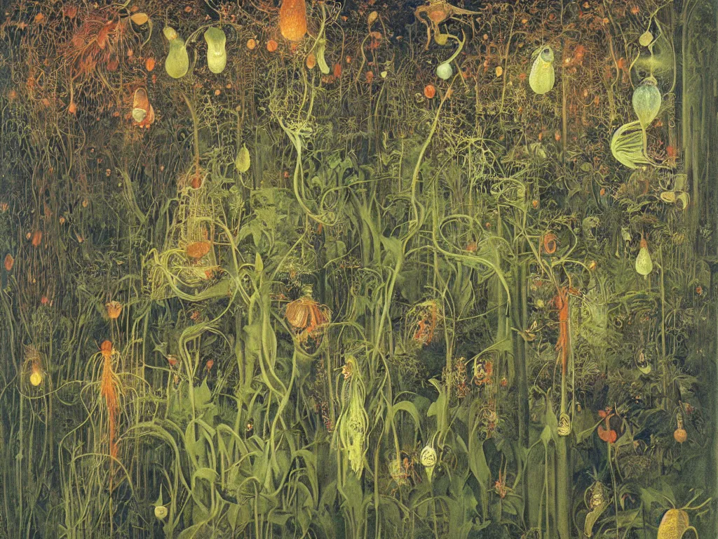 Image similar to botanist in white beekeeper suit lost among the carnivorous plants with fireflies and devil creatures. painting by mikalojus konstantinas ciurlionis, bosch, max ernst, agnes pelton, rene magritte