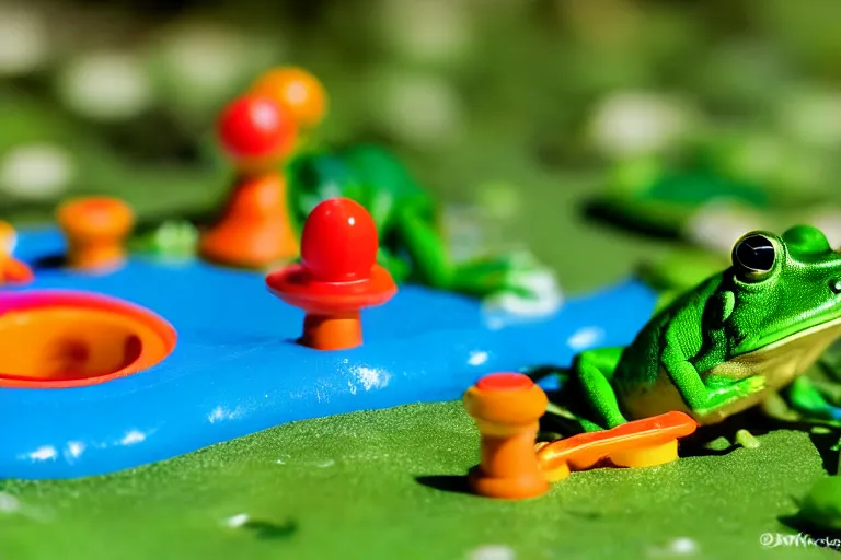 Image similar to fisher price frog pond, california, in 2 0 1 5, perfect focus, scene from tv show 5 5 mm 8 5 mm, toy photography, made out of plastic