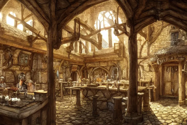 Image similar to A medieval tavern viewed from the inside, texture, intricate, details, highly detailed, masterpiece, architecture, building, trending on artstation, focus, sharp focus, concept art, digital painting, fantasy, sunny, day, midday