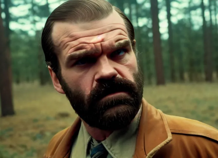 Image similar to film still of jim hopper as joyce byers in stranger things, 8 k