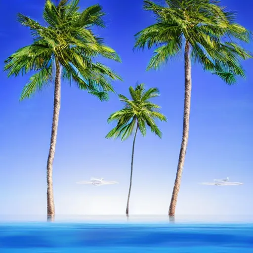 Prompt: surreal palm trees floating floating floating in blue sky, random positions floating, flying