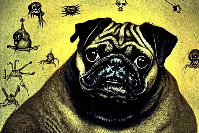 Image similar to a happy pug in a disturbing nightmare, single subject, scenic full shot, ambient lighting, detailed face, by hr giger, by hieronymus bosch