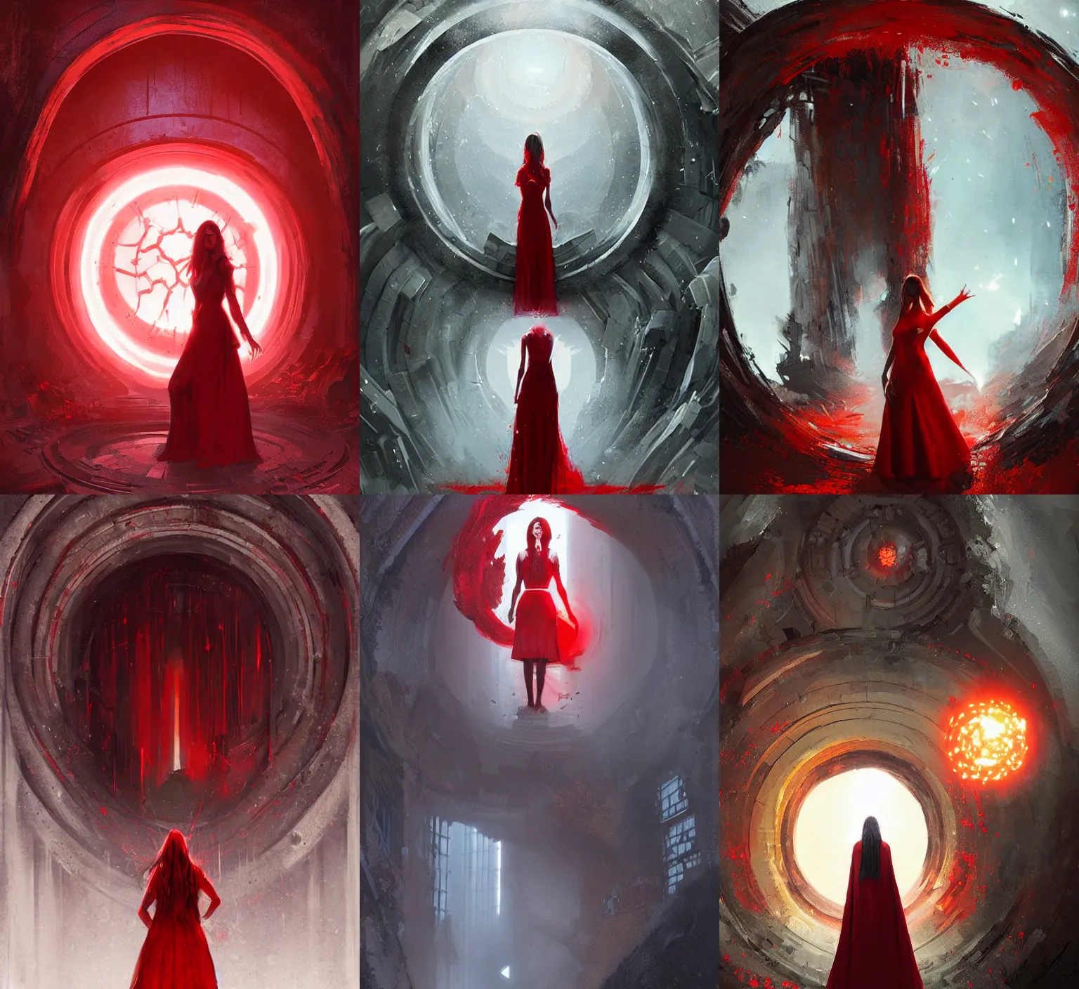 Prompt: woman in a red dress standing in front of a portal, epic, artwork by Greg Rutkowski