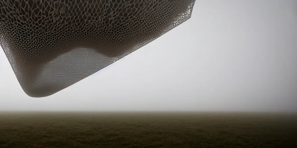 Image similar to white honeycomb organic building with warm illumination inside by ernesto neto sits on the field evening atmosphere in low fog, 4 k, insanely quality, highly detailed, film still from the movie directed by denis villeneuve with art direction by zdzisław beksinski, telephoto lens, shallow depth of field