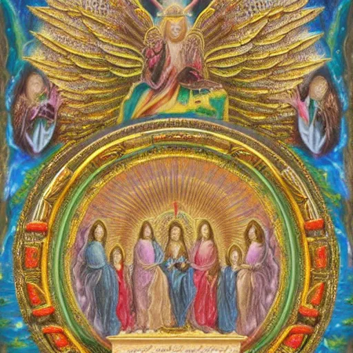 Image similar to photo of an intricately detailed representation of a accurate divine heavenly throne on a road of brilliant gemstone surround by epic angels. Colored graphite blended with colored oils miniature on vellum.