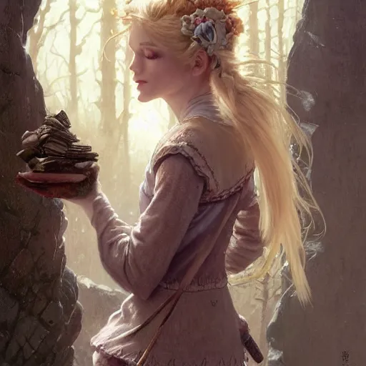 Image similar to elf fairy blond with a beautiful face, with a loot on their back, wearing a cardigan, highly detailed, intricate, digital painting, artstation, sharp focus, illustration, art by jakub rozalski, greg rutkowski, artgerm, tan zi and ayanamikodon and alphonse mucha and wlop