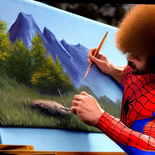 Image similar to a closeup photorealistic photograph of bob ross working on a canvas painting of spiderman. film still. brightly lit scene. mountains and trees. this 4 k hd image is trending on artstation, featured on behance, well - rendered, extra crisp, features intricate detail, epic composition and the style of unreal engine.