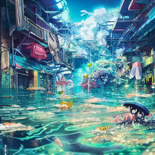 Image similar to painted anime background of a flooded underwater slums shopping district located by a waterfall and built from various sea shells and corals and being reclaimed by nature, seaweed, light diffraction, litter, steampunk, cyberpunk, cool colors, caustics, anime, vhs distortion, shot underwater looking up, inspired by splatoon by nintendo, art created by miyazaki