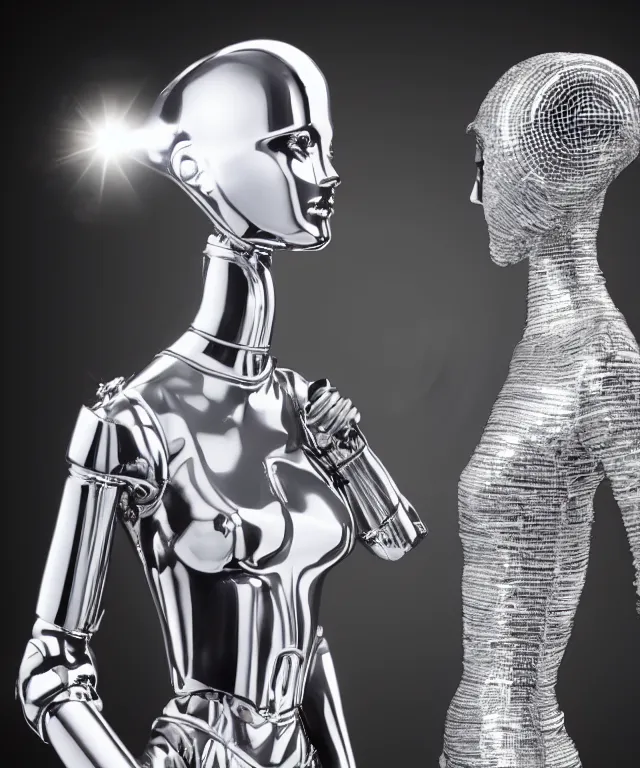 Image similar to victoria's secret model is standing and a silver robot is touching model and robot's head is partially morphed into copy of the model's head, realistic, 4 k