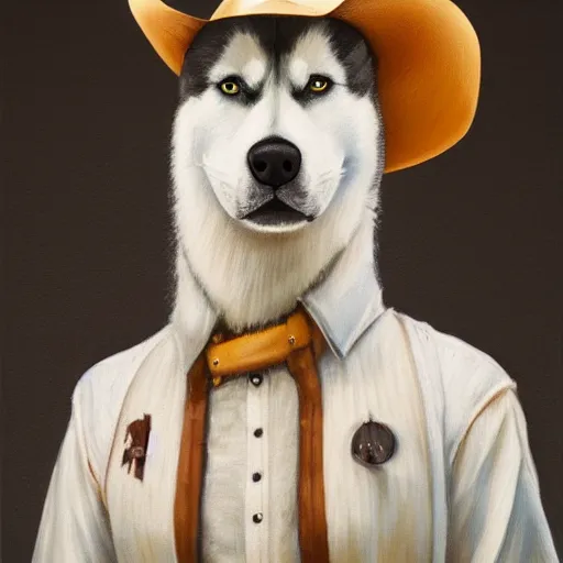 Image similar to a portrait painting of a husky in cowboy costume, wearing a cowboy hat, by studio ghibli, humanoid, personify, anthropomorphic, trending on artstation