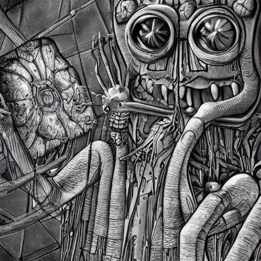 Prompt: detailed realistic illustration of spongebob, in the style of h r giger and moebius and wayne barlowe