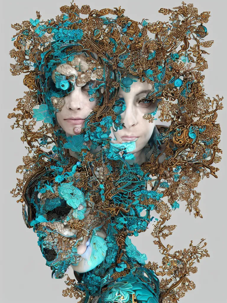 Prompt: cinema 4d colorful render, organic, ultra detailed, of only one beautiful porcelain old woman face, translucid. biomechanical cyborg, analog, 35mm lens, beautiful natural soft rim light, big leaves, winged insects and stems, roots, fine foliage lace, turquoise gold details, Alexander Mcqueen high fashion haute couture, art nouveau fashion embroidered, intricate details, mesh wire, mandelbrot fractal, anatomical, facial muscles, cable wires, elegant, hyper realistic, in front of dark flower pattern wallpaper, ultra detailed, 8k post-production