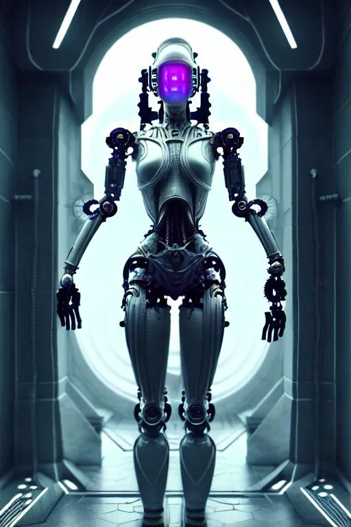 Image similar to ultra detailed female android deity, robot, cyborg, altar, futuristic gothic environment, ethereal flowerpunk, scifi, fantasy, cyberpunk, octane render, megalopolis, unreal engine, asymmetrical!!! intricate concept art, triadic color, art by artgerm and wlop and giger and greg rutkowski and alphonse mucha, 8 k